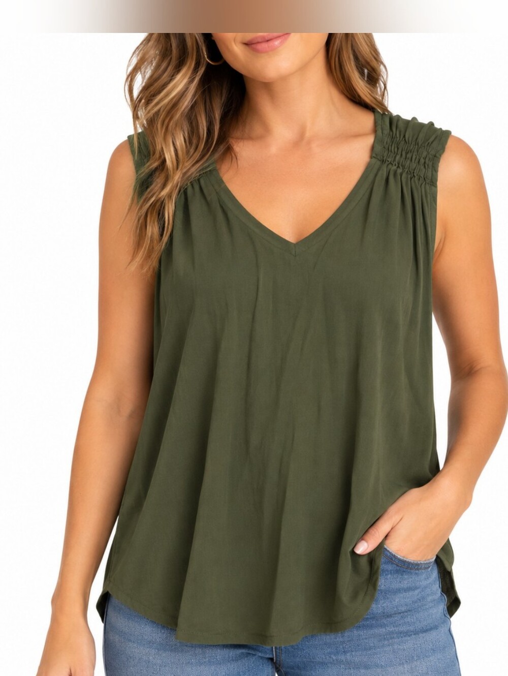 Old Navy Olive Green Smocked Shoulder V Neck Sleeveless Top Size L